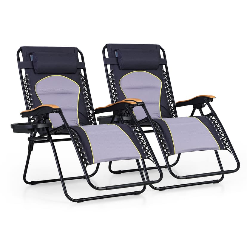 PHI VILLA XXL Oversized Padded Zero Gravity Chair Set of 2, Foldable Patio Recliner, 30" Wide Seat Anti Gravity Lounger with Armrest and Cup Holder, Support 400 LBS (Grey Accents)