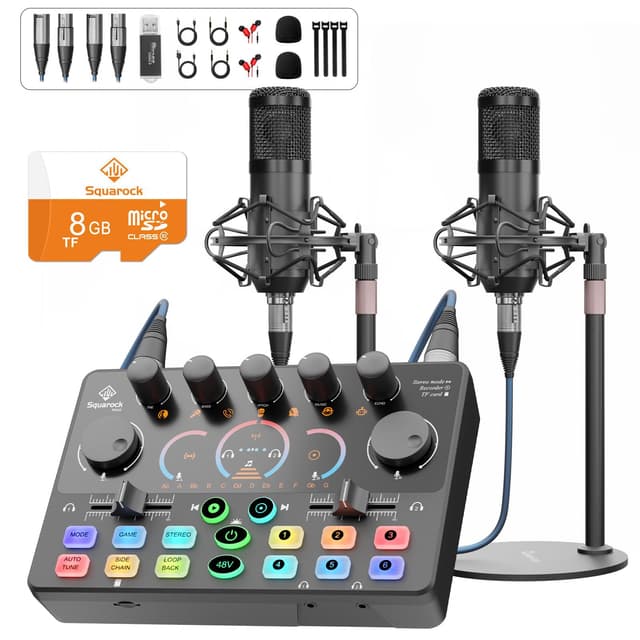 Podcast Equipment Bundle for 2, Audio Interface with 8GB Memory Card and XLR Condenser Microphones,Stereo,Denoise, RGB,Built-in Recorder, 48V Phantom for Streaming,Podcast Recording,Gaming(RS2i2)