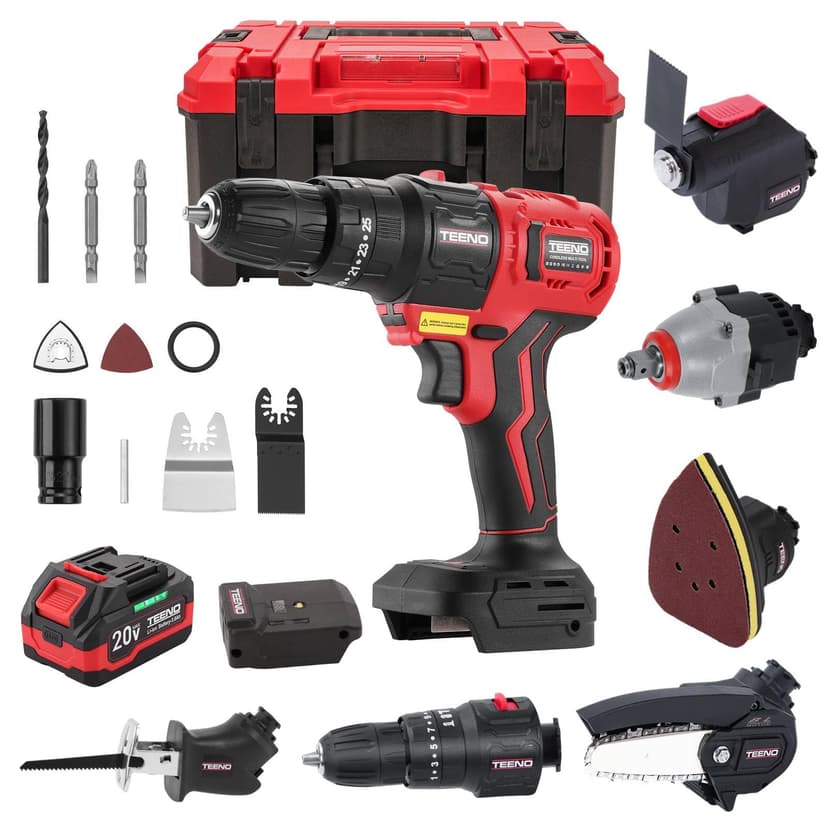 TEENO 20V MAX Power Tool Combo Kit, 7 Tool Cordless Power Tool Set with 3.0Ah Battery, Charger, and Tool Box Included, Brushless Combo Kit for Home Improvement, Yard Work & Woodworking