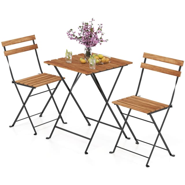 Tangkula 3 Pieces Patio Dining Set, Outdoor Square Table and Folding Chairs with Metal Frame, Space Saving Furniture Set for Yard Porch Deck Backyard