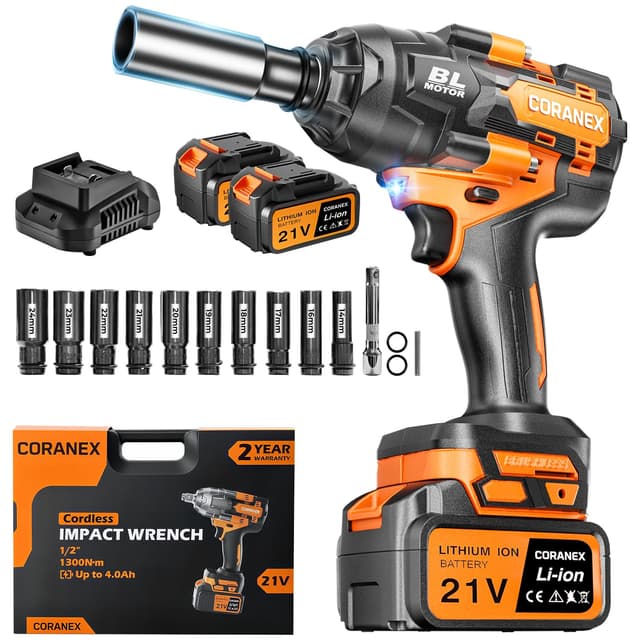 CORANEX 1/2" Cordless Impact Wrench | 1300N.m (960ft-lbs) | 2x4.0Ah Batteries - Longer Runtime | Fast Charger | Variable Speed Control | Brushless Motor High Torque Impact Gun for Auto Repair, Home