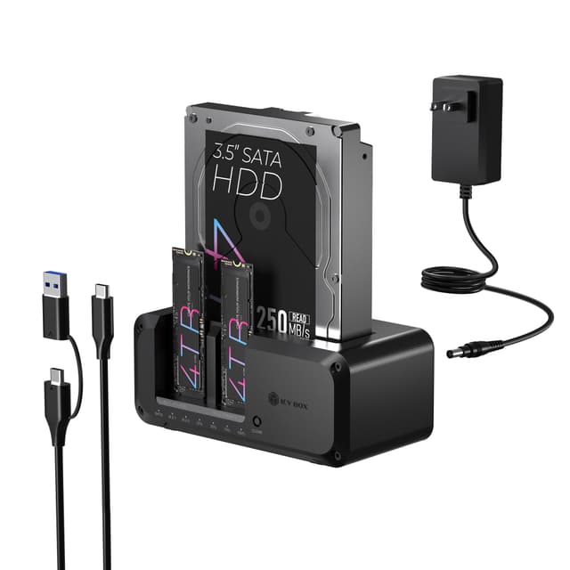 M.2 NVMe & SATA SSD/HDD Hard Drive Docking Station, ICY BOX USB-C 10Gbps NVMe Cloner&Reader, TripleBay Hard Drive cloner for 2.5"/3.5" SSD&HDD Hard Drives, Offline Cloning, Tool-Free (3 Bay)