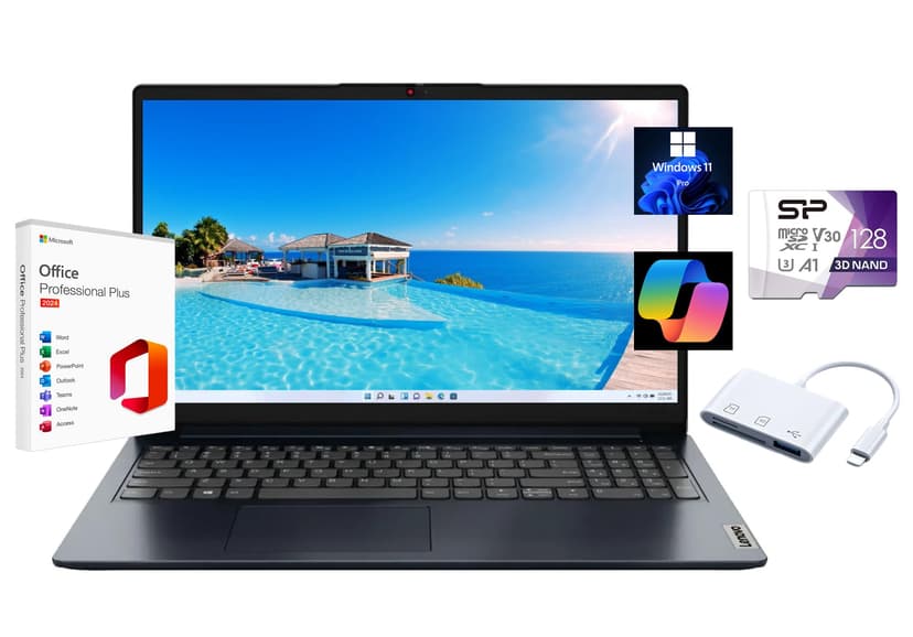 Lenovo IdeaPad 1 15.6" FHD Laptop, with Free Lifetime Microsoft Office 2024, AMD Ryzen 3 7320U, 4GB RAM, 128GB SSD, Windows 11 Pro, Abyss Blue, Wi-Fi 6, with 128GB SD Card & Docking Station