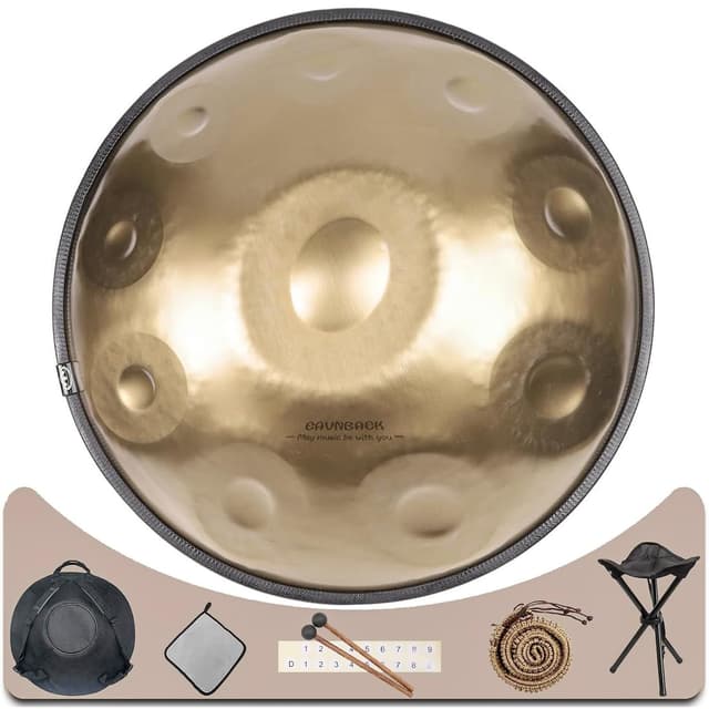 Eavnbaek Advanced Adult Handpan, 22-Inch 10-Note 440Hz D Minor Kurd Steel Drum with Soft Bag, 2 Mallets, Stand and Dust-Free Cloth (Gold)