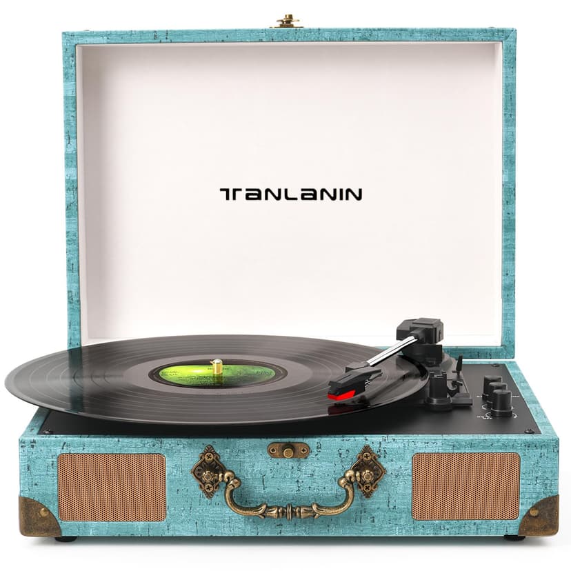 Vintage Vinyl Record Player with Bluetooth Output & Tone Control, 3-Speed Belt Driven Portable Retro Suitcase Turntable with Built-in Speakers, RCA Audio Output & Headphone Jack– LP Player Turquoise
