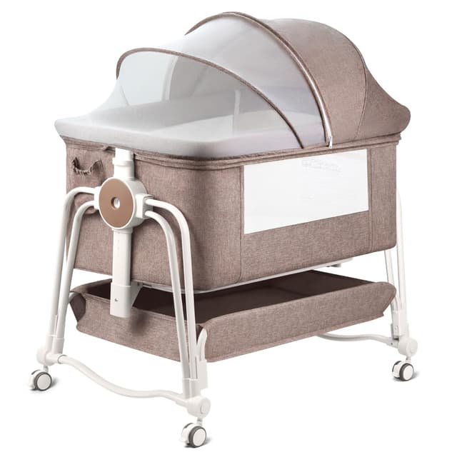 suihuooo 4 in 1 Baby Bassinet Bedside Sleeper, Rocking Baby Crib with Lockable Wheels, Storage, Mosquito Net and Matress Included, 7 Level Adjustable Bedside Bassinet for Baby Newborn(Khaki)