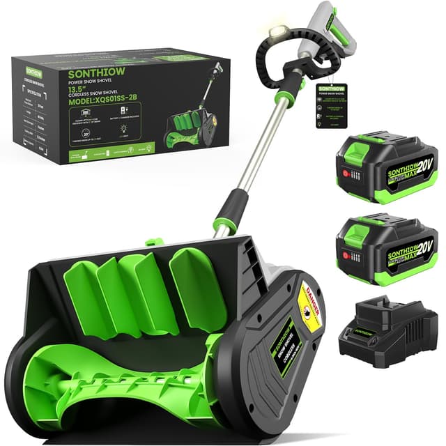 SONTHIOW 13.5" Electric Snow Shovel, 20V Brushless Snow Shovel, Includes 2 * 4.0 Ah Battery and Quick Charger, Cordless Snow Blower with Directional Plate & Adjustable Front Handle (2 * 20V Battery)