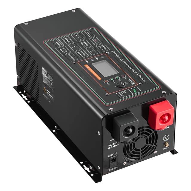 VEVOR Pure Sine Wave Inverter Charger, 2000 Watt, DC 12V to AC 120V, Battery Charger with LCD Display, Remote Control, Solar Inverter for Off-Grid Solar RV Boat Home, Compatible with Various Batteries