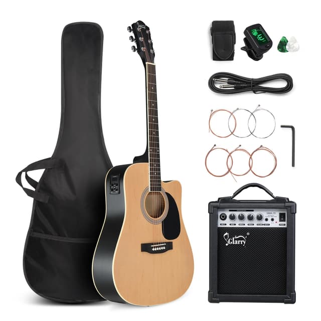 GLARRY Full Size 6 Strings Acoustic Electric Guitar Beginner Kit w/ 15W Amp, Cutaway 41 Inch Electric Acoustic Guitar w/Inbuilt Tuner, Bag, Strap, Picks, Strings, Basswood Guitarra, Matte Natural