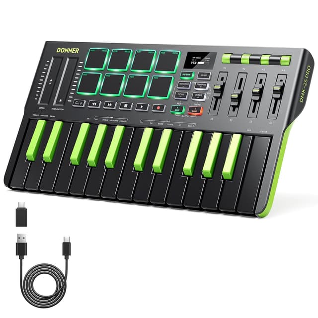 Donner DMK25 Pro MIDI Keyboard Controller, 25 Mini Key Portable USB-C MIDI Controller with 8 Drum Pads, OLED Display, Personalized Touch Bar, Music Production Software and 40 Teaching Courses, Green