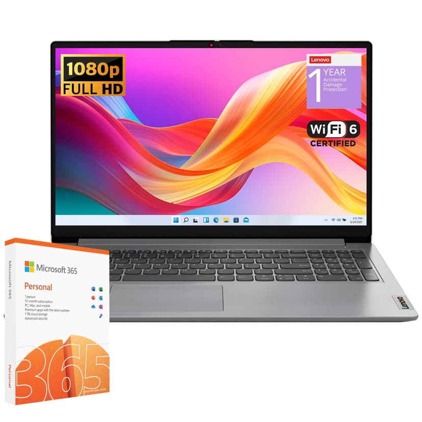 Lenovo IdeaPad 1 Student Laptop, Intel Dual Core Processor, 12GB RAM, 256GB SSD + 128GB eMMC, 15.6" FHD Display, 1 Year Office 365, W11H, Wi-Fi 6, SD Card Reader, Grey, Additional 1 Yr ADP
