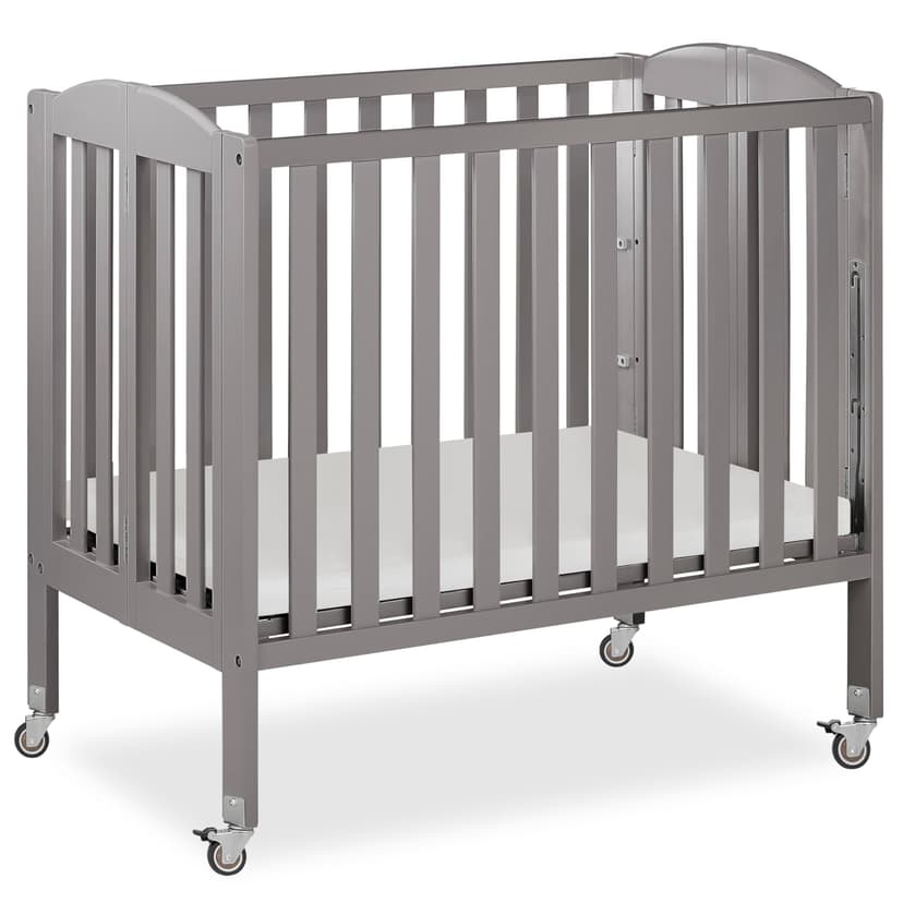 Dream On Me 3-in-1 Portable Folding Stationary Side Mini Baby Crib in Steel Grey & Mattress, GreenGuard Gold & BSA, Use as Changer & Playpen, Locking Wheels, 3 Mattress Heights, Extra Firm Mattress