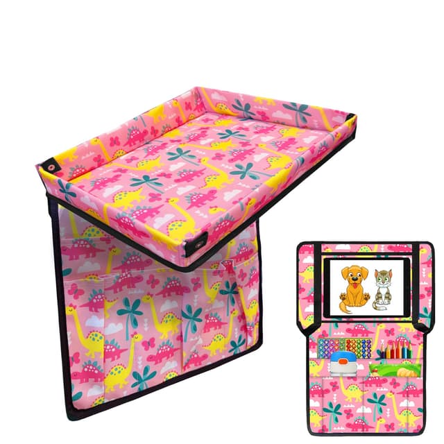Adjustable Kids Tray Table Cover with Multi Portable Pockets, Airplane Travel Essentials for Kids, Toddlers, Adults, Airplane Must Haves, Plane Travel Essentials, Tray for Plane Train, Pink Dinosaur