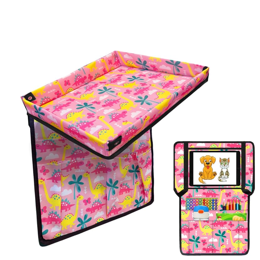 Adjustable Kids Tray Table Cover with Multi Portable Pockets, Airplane Travel Essentials for Kids, Toddlers, Adults, Airplane Must Haves, Plane Travel Essentials, Tray for Plane Train, Pink Dinosaur