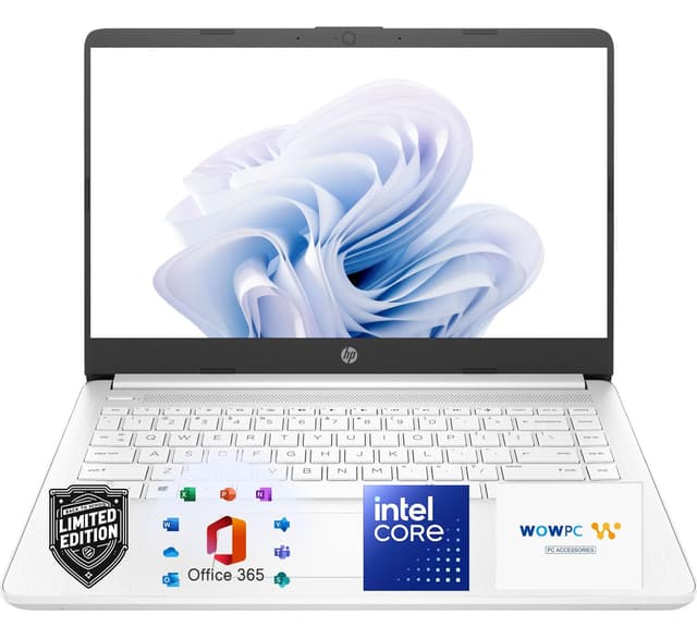 HP 14" Laptop, Intel Dual-Core CPU, 8GB RAM, 128GB SSD, Soft White Finish, HD Display, Windows 11, Microsoft 365 Web Apps with 1TB OneDrive