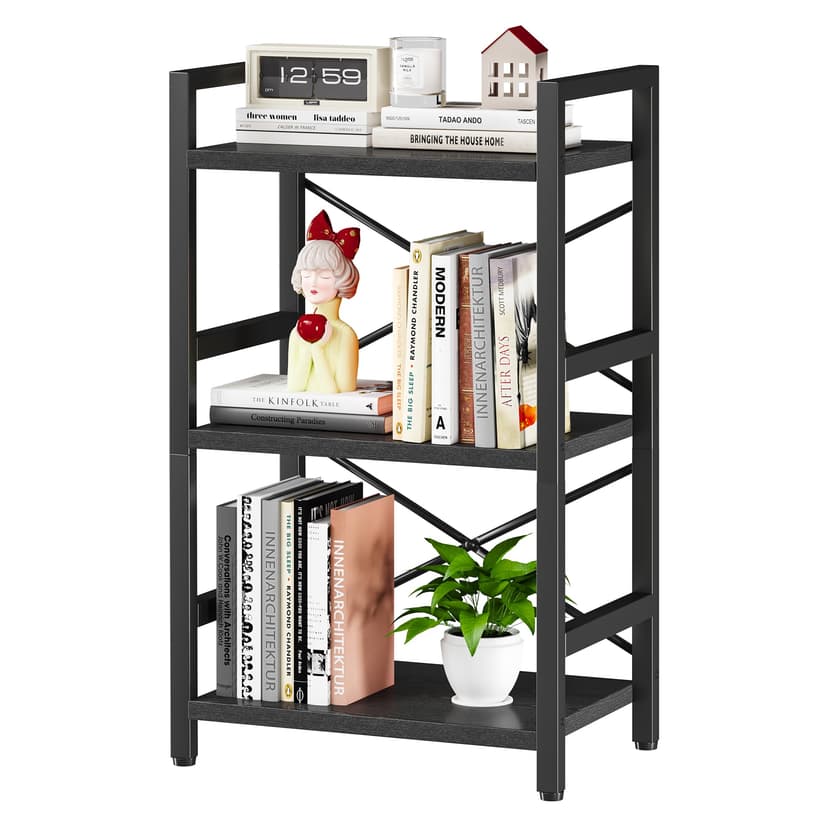 Homeiju Bookshelf, 3 Tier Industrial Bookcase, Metal Small Bookcase, Rustic Etagere Book Shelf Storage Organizer for Living Room, Bedroom, and Home Office(Black) Patent Pending D29873033