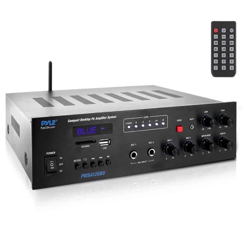 Pyle Public Address Amplifier - 500W Compact Digital Receiver w/ 70V 100V Output, Dual Mic Input, USB-A Input w/ MP3 Player, FM Radio, RCA | Home, Continuous Volume and Commercial | PMSA126BU
