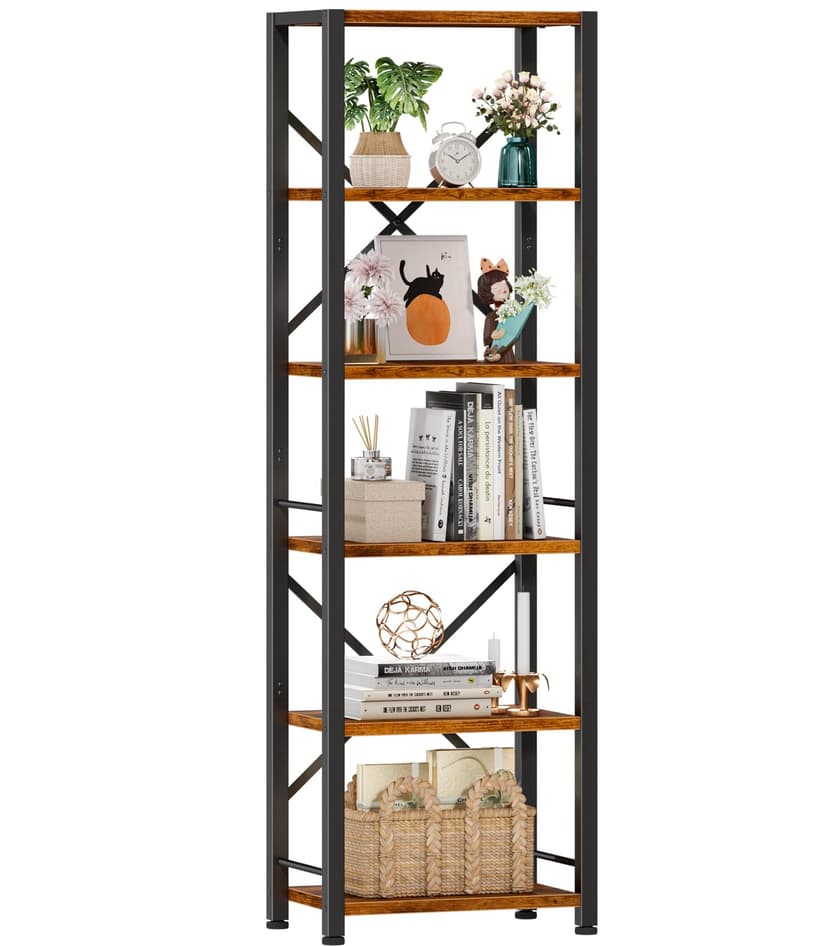 Furologee 6 Tier Tall Bookshelf, Industrial Narrow Bookcase, Display Standing Shelf Units, Metal and Wood Storage Rack Organizer for Living Room, Home Office, Entryway, Kitchen, Rustic Brown