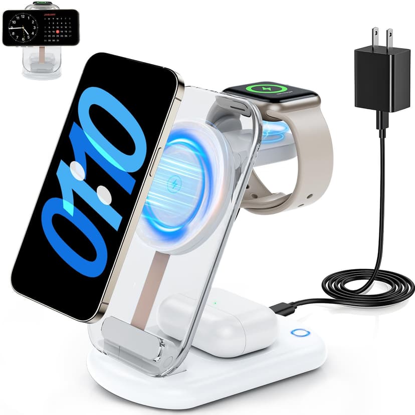 2026 Traveling Wireless Mag-Safe Fast Charging Station,Magnetic 3 in 1 Charger with Light for iPhone 17 16 15 14 13 12 Pro Max Plus,Apple Watch& Air pods 4 3 2 Pro-Gifts for Wife & Husband(White)