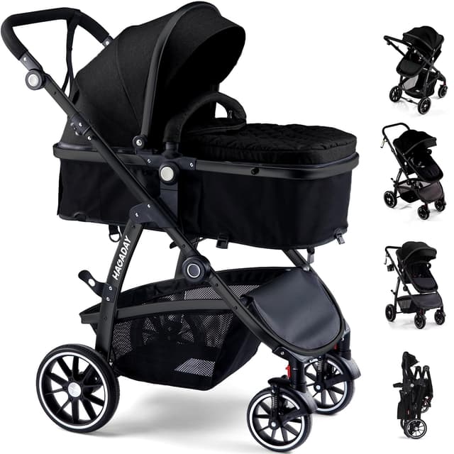 Baby Stroller, 2-in-1 Reversible Toddler Seat with Lie-Flat Mode, Foldable Infant Stroller with Canopy, One Button Brake, Adjustable Handle, Newborn Pushchair (Black B)