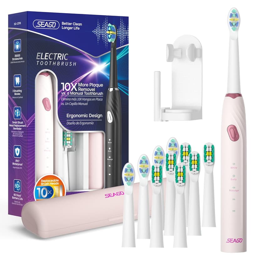 SEAGO Electric Toothbrush with 10 Brush Heads,Travel Toothbrush with Travel Case, Electric Tooth Brush with Smart Timer for Adults, Boys, and Girls,SG-2316(Pink)