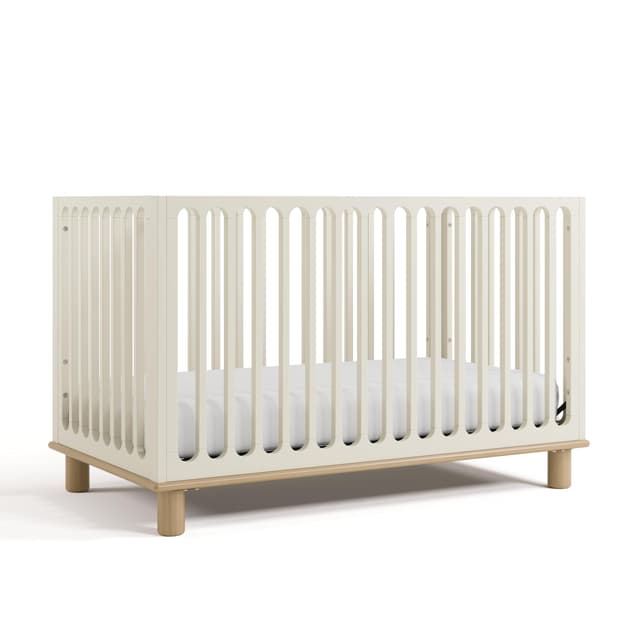 Storkcraft Sicily 3-in-1 Convertible Crib with Toddler Rail Included (Frosted Oat & Driftwood) – GREENGUARD Gold Certified, 100% Solid Wood, Converts to Toddler Bed, Fits Standard Crib Mattress