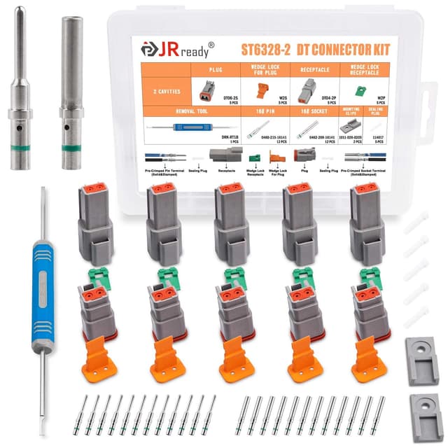 JRready Deutsch Connector 2 Pin Connector Kits with Size 16 Solid Contacts(14-20AWG), ST6328-2 DT Series Waterproof Connector 2 Pin 5 Sets and Deutsch Pin Removal Tool DRK-RT1B with Mounting Clips