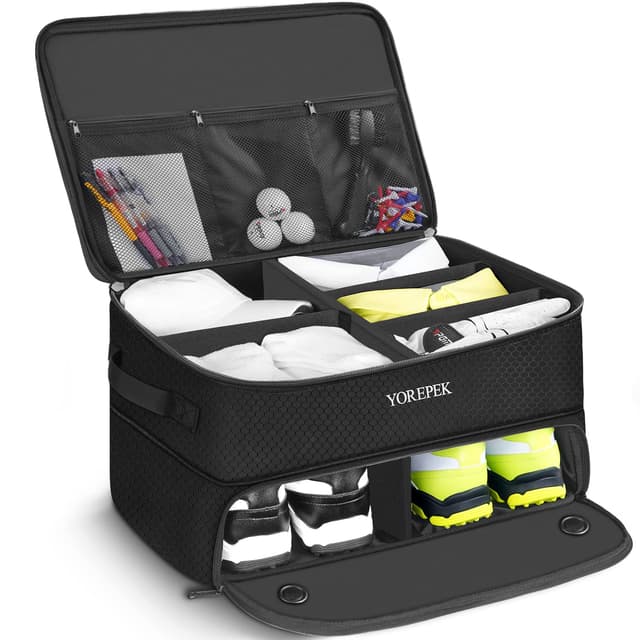 YOREPEK 2 Layer Golf Trunk Organizer, Golf Gifts for Men with Separate Ventilated Compartment for 2 Pair Shoes, Waterproof Car Trunk Locker for Balls, Tees, Clothes, Gloves, Accessories, Golfer gifts