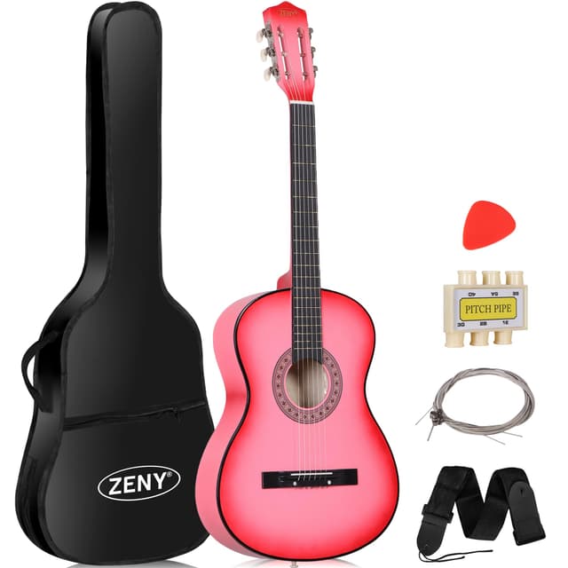 ZENY Beginners 38 inch Acoustic Guitar Package Kit for Right-handed Starters Kids Music Lovers w/Case, Strap, Pitch Pipe and Pick (Pink)