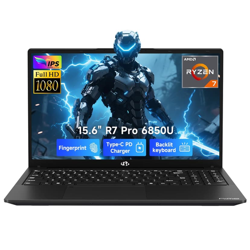 NIMO 15.6" Light-Gaming-Laptop, AMD Ryzen 7 Pro 6850U 8 Cores 32GB LPDDR5 RAM 1TB SSD (Beat i7-1360P Up to 4.7GHz) AMD Radeon 680M GPU IPS FHD Display, 100W Type-C, Backlit Keyboard, Fingerprint