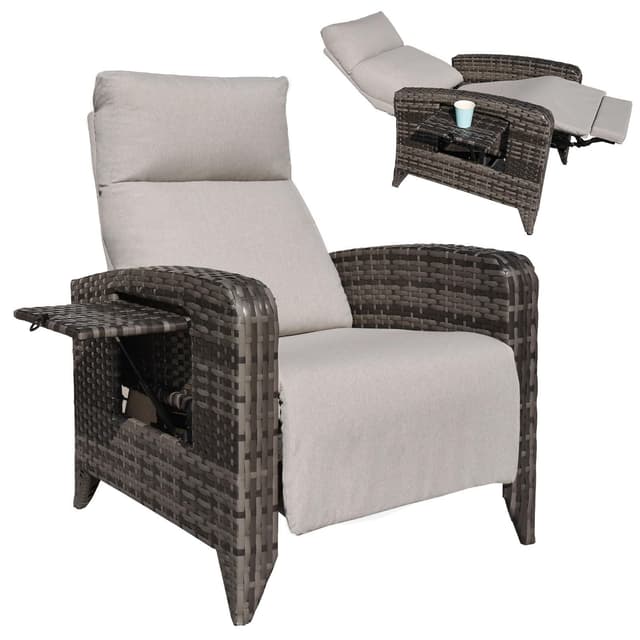 ZZW Outdoor Recliner Chairs Set of 2 Reclining Patio Chairs with Adjustable Back and Extended Footrest Wicker Rattan Recliner Chairs with Flip Table and Removable Cushion