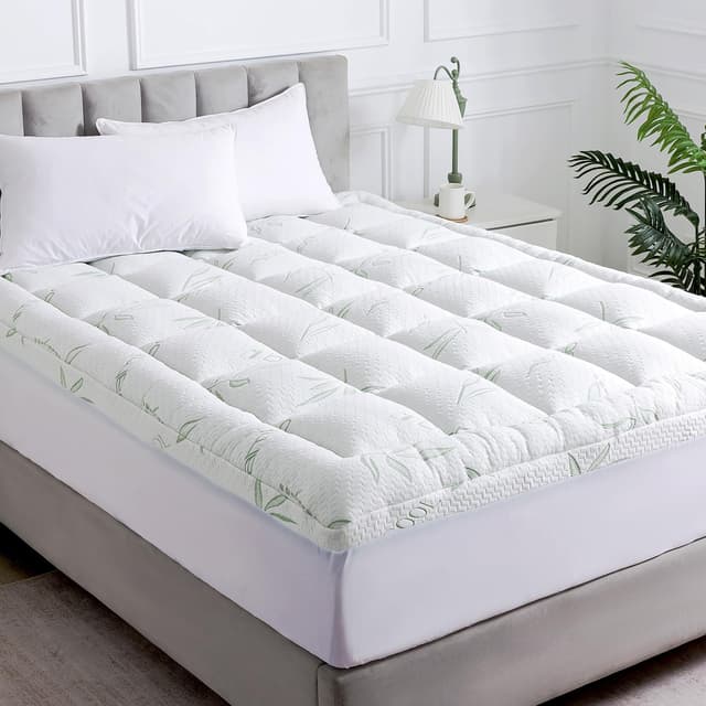 WhatsBedding Queen Mattress Topper, Soft Pillow Top Mattress Topper with Deep Pocket Fits 8–21 Inch,7D Spiral Fiber Filling, Bamboo Viscose Air Layer Mattress Topper Queen.