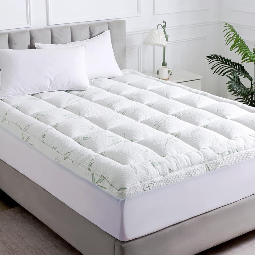WhatsBedding Queen Mattress Topper, Soft Pillow Top Mattress Topper with Deep Pocket Fits 8–21 Inch,7D Spiral Fiber Filling, Bamboo Viscose Air Layer Mattress Topper Queen.