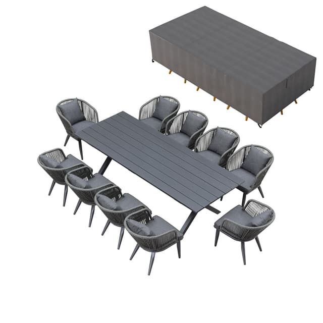 PURPLE LEAF 11 Pieces Patio Dining Set with Waterproof Furniture Cover Rectangular Table and Chairs Set for Garden Deck Aluminum Frame Backyard Kitchen Set, Cushions and Pillows Included Grey