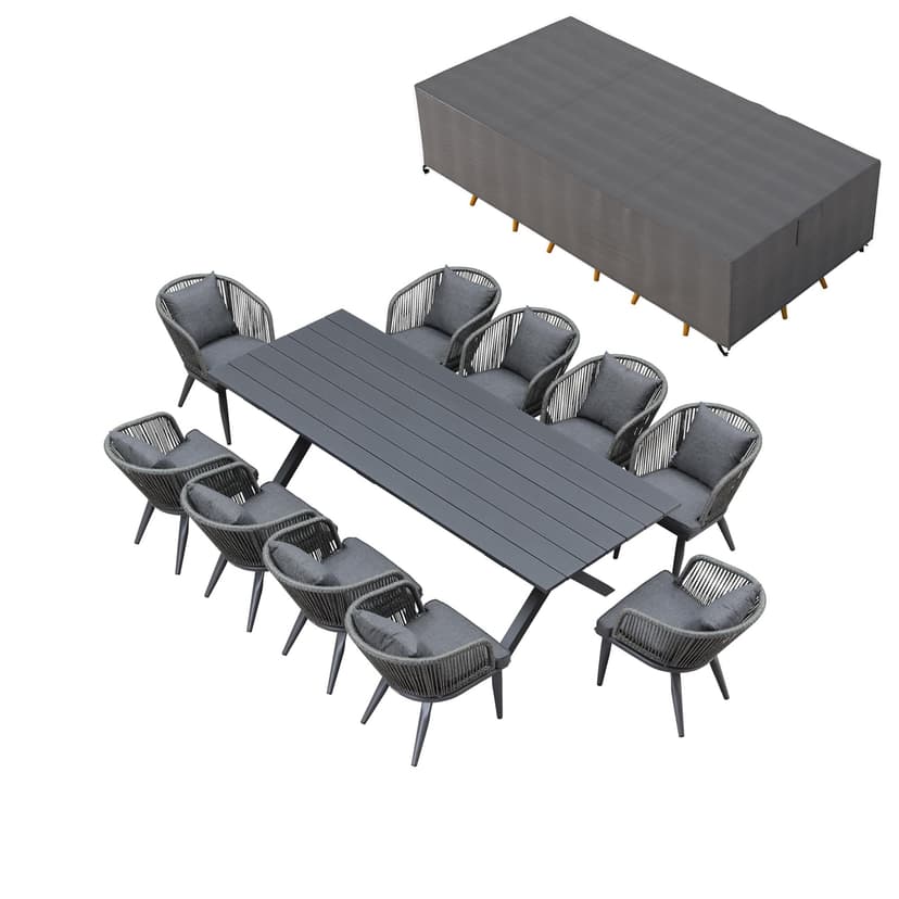 PURPLE LEAF 11 Pieces Patio Dining Set with Waterproof Furniture Cover Rectangular Table and Chairs Set for Garden Deck Aluminum Frame Backyard Kitchen Set, Cushions and Pillows Included Grey