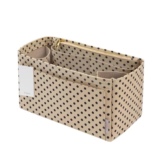 ZTUJO Purse Organizer Insert For Handbags, Silky Touching Bag Organizer Insert With Bottle Holder, Perfect for Speedy, Neverfull, Tote,ONTHEGO,Artsy,Handbag and More (small, Brown polk dots Beige)