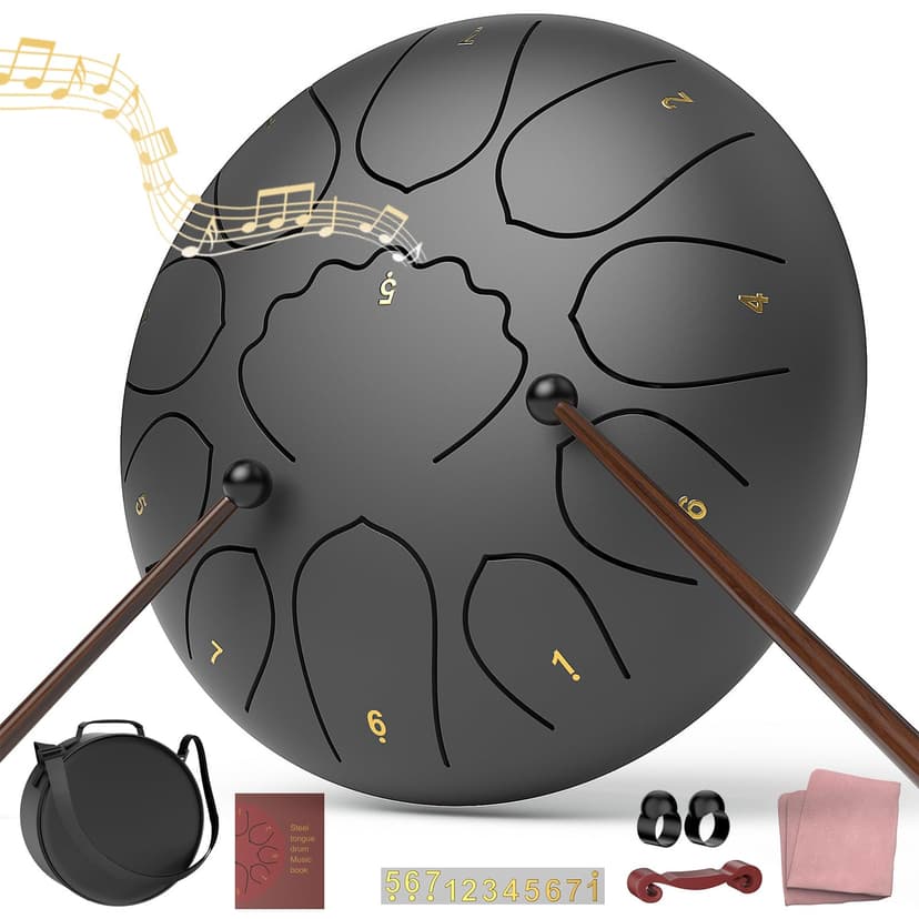 Rain Drum for Outside Garden, 8 Inches 11 Notes Steel Tongue Chakra Drum, Waterproof Meditation Rain Chime, Musical Instruments for Adult Gift with Bag, Music Book, Mallets (Black)