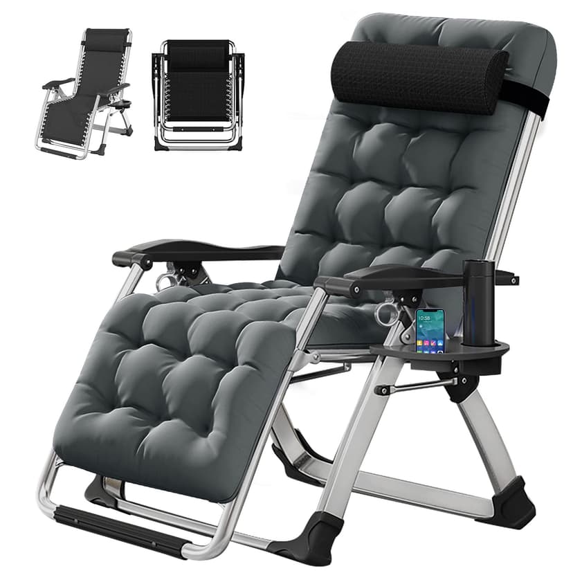 DoCred Zero Gravity Chair, Lawn Recliner, Reclining Patio Lounger Chair, Folding Portable Chaise with Detachable Soft Cushion, Cup Holder, Headrest