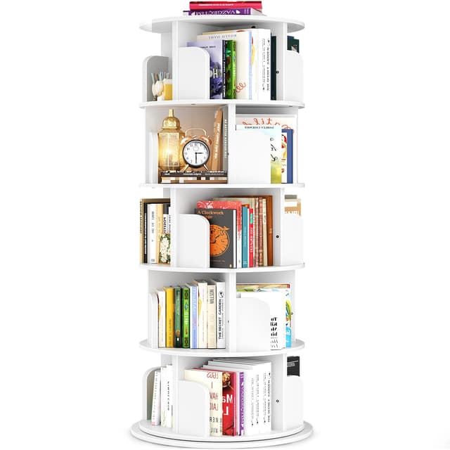 Besiost Rotating Bookshelf Tower, 5 Tier Spinning Bookcase, Revolving 360 Book Shelf Narrow Tall Bookcase, Vertical Turning Round Bookshelf Organizer, Wood Corner Book Shelf for Small Space, White