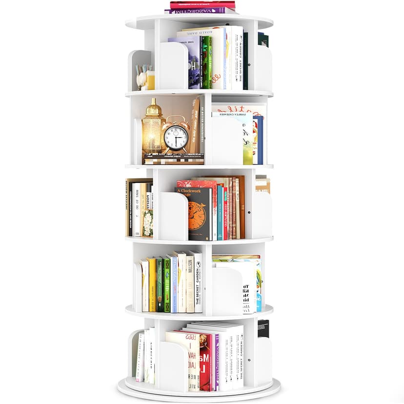 Besiost Rotating Bookshelf Tower, 5 Tier Spinning Bookcase, Revolving 360 Book Shelf Narrow Tall Bookcase, Vertical Turning Round Bookshelf Organizer, Wood Corner Book Shelf for Small Space, White