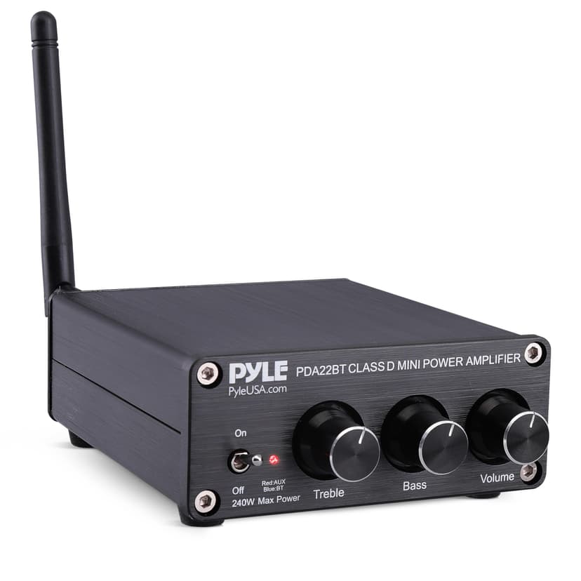 Pyle 240W Mini Bluetooth Home Stereo Amplifier - 2 Channel Compact Micro Receiver with Bass & Treble Control Dials - Includes Power Supply - Use with Passive Speakers for Indoor - Garage - Desktop