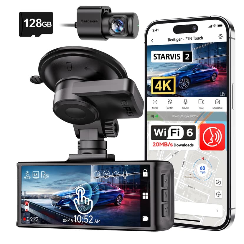 REDTIGER 4K STARVIS 2 Dash Cam Front and Rear, 5GHz WiFi 20MB/s Download, 128GB Card Included, Voice Control, Dash Camera for Cars with 3.18" Touch Screen, GPS, Loop Recording, Parking Mode(F7N Touch)