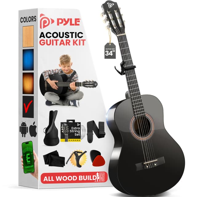 Pyle Classical Guitar Starter Kit - 34" 1/2 Size All Wood Instrument with Capo, Gig Bag, Strings, Strap, Picks (Black Gloss)