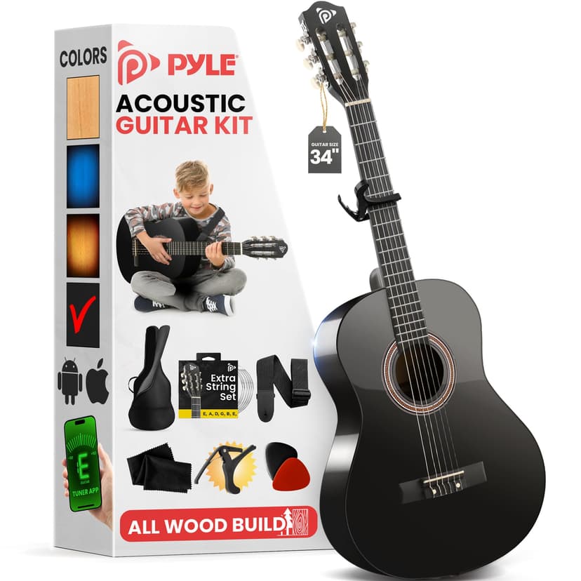 Pyle Classical Guitar Starter Kit - 34" 1/2 Size All Wood Instrument with Capo, Gig Bag, Strings, Strap, Picks (Black Gloss)