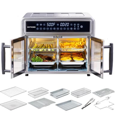 HotKing Dual-Zone Air Fryer Toaster Oven Combo, 28 QT Extra Large, Non Toxic Stainless Steel Convection Oven with French Door, Countertop Airfryer with Window, Racks, Rotisserie, Dehydrator, ETL Rated