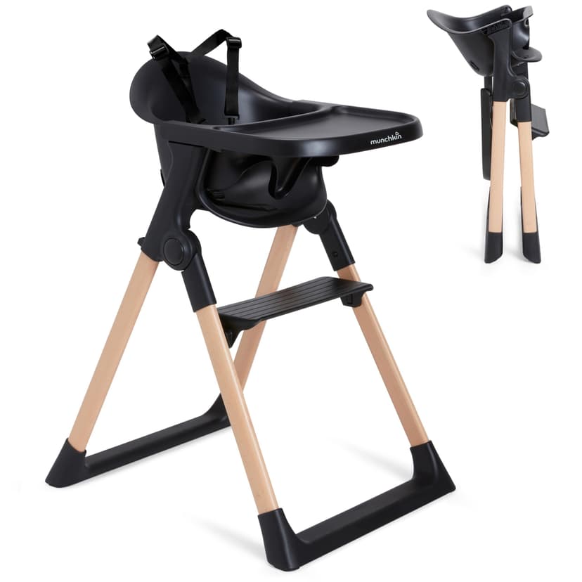 Munchkin Float Baby High Chair for Babies and Toddlers, Foldable for Easy Storage, Black with Wooden Legs