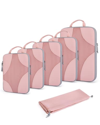 BAGSMART Compression Packing Cubes for Travel, Compressible Luggage Organizer for Cruise Ship, Lightweight Travel Essentials 6-Pack 1L+2M+2S+1Shoe Bag, Pink