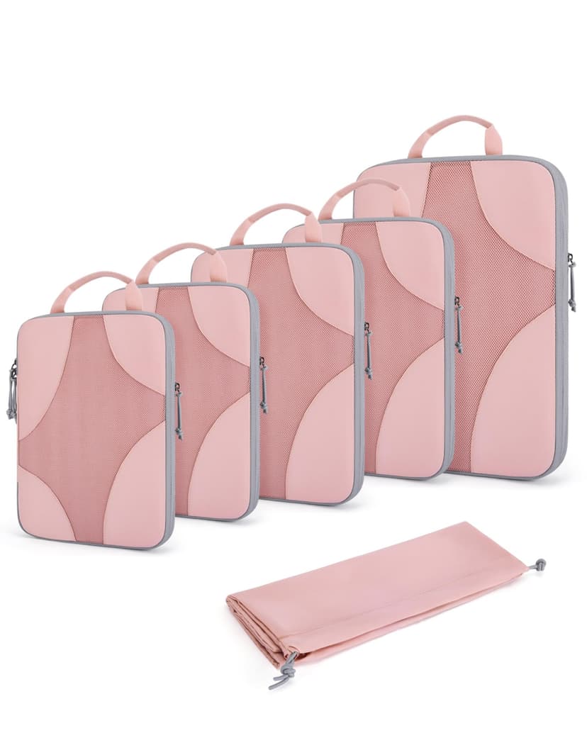 BAGSMART Compression Packing Cubes for Travel, Compressible Luggage Organizer for Cruise Ship, Lightweight Travel Essentials 6-Pack 1L+2M+2S+1Shoe Bag, Pink