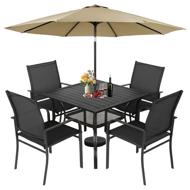 Incbruce 6 Pieces Patio Dining Set with Brown Umbrella, Outdoor Dining Set of 4 Textilene Chairs and Square Table with Umbrella Hole for Backyard, Garden, and Poolside (Black)