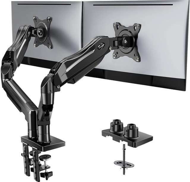 HUANUO Dual Monitor Stand, Fully Adjustable Gaming Monitor Desk Mount for 13–32″ Computer Screens, Full Motion VESA 75x75/100x100 with C-Clamp & Grommet Base, Each Arm Holds 4.4 to 19.8 lbs